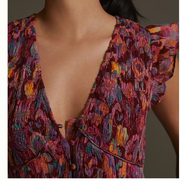 NWOT Anthropologie Peregrine mixed print burgundy smocked maxi dress - Picture 3 of 11